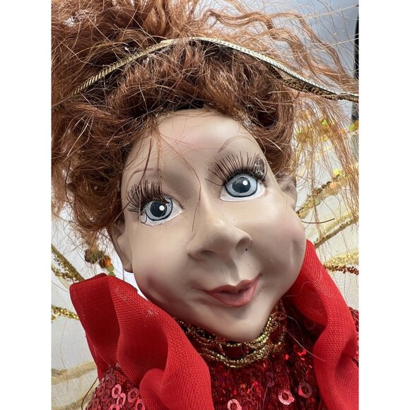 Elf Figurine Red Dress Gold Wings Fairy Pixie Fantasy Signed 12"  Real Eye lashe - Picture 2 of 16